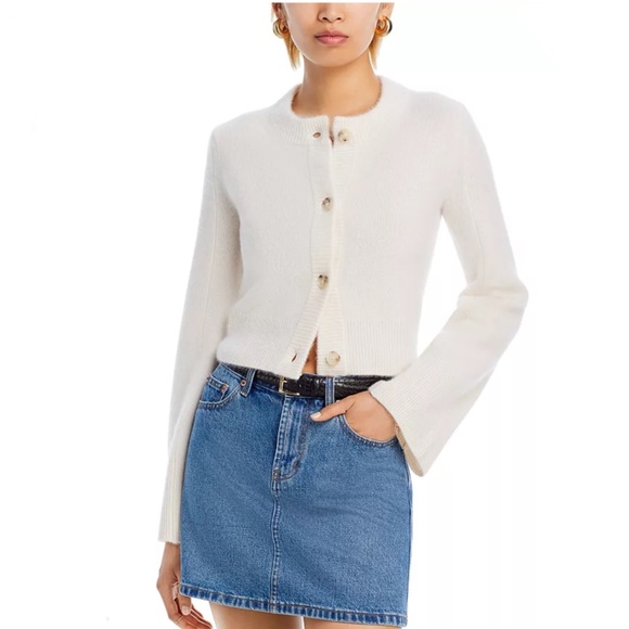 Luxurious 100% Cashmere Cropped Wide Sleeve Crewneck Cardigan By Aqua in Ivory - Picture 6 of 6